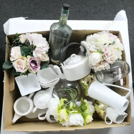 ASST. WHITE CERAMICS, FAUX FLOWERS ETC