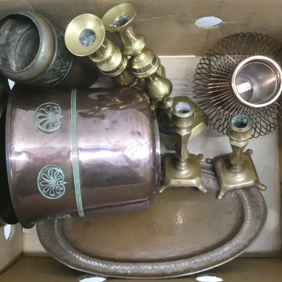 6 BRASS / COPPER PCES; 2 PRS CANDLESTICKS H.245mm, LIDDED BIN, 2 VASES, OVAL TRAY