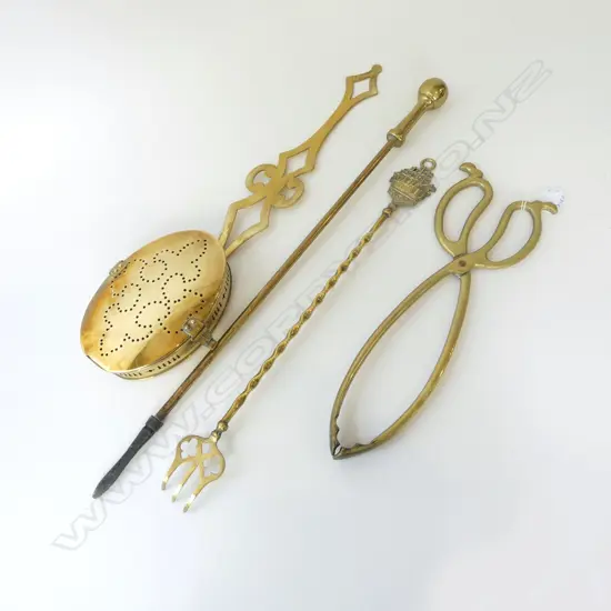 4 PCES BRASS; CHESTNUT ROASTER, POKER, TOASTING FORK, TONGS