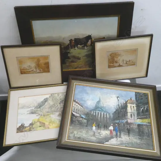 5 ARTWORKS; PARIS OIL, CATTLE OIL 280x420mm, S. MEEK SHELLY BAY WC, PR BALZER ETCHINGS