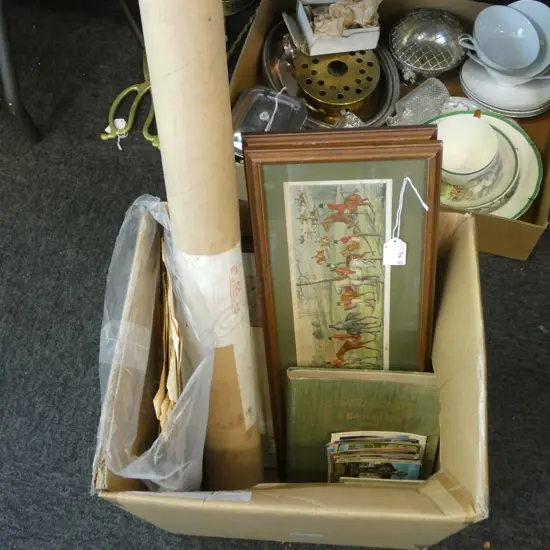 BOX HUNTING SCENE PRINTS + POSTCARDS + COVENT GARDEN programs1949 etc + George VI Coronation booklets etc