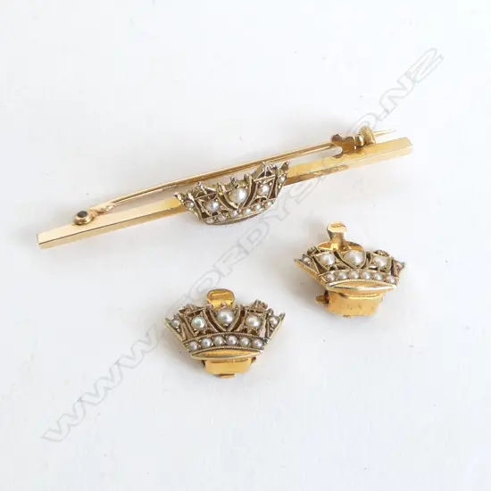 **RTV**VINTAGE 9ct GOLD NAVAL CROWN & SEED PEARL BAR BROOCH & PR EARRINGS 5gms