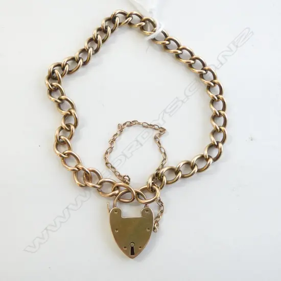 14ct GOLD CURB LINK BRACELET w HEART CLASP, unmarked tests as 14ct, 21gm