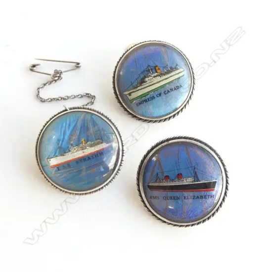 3 BUTTERFLY WING & SILVER SHIP BROOCHES: 'HMS QUEEN ELIZABETH' + 'Empress of Canada' + 'T.S.S. Strathmore'
