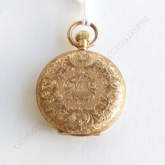 14ct GOLD BAUME LONGINES LADIES HUNTER POCKET WATCH engraved case. Running 34.8gms