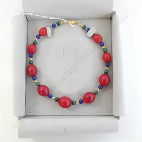 18CT GOLD LAPIS/MALACITE/VENETIAN BEAD NECKLACE