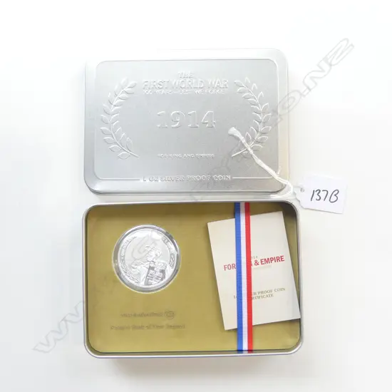 1oz SILVER PROOF COIN NZ POST 1914 FOR KING & EMPIRE + TIN