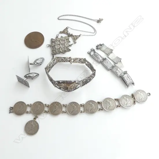 COLLECTION of EARLY 20thC SILVER SOUVENIR JEWELLERY from MIDDLE EAST & BELGUIM & 1921 UK PENNY & scrap gold? chain