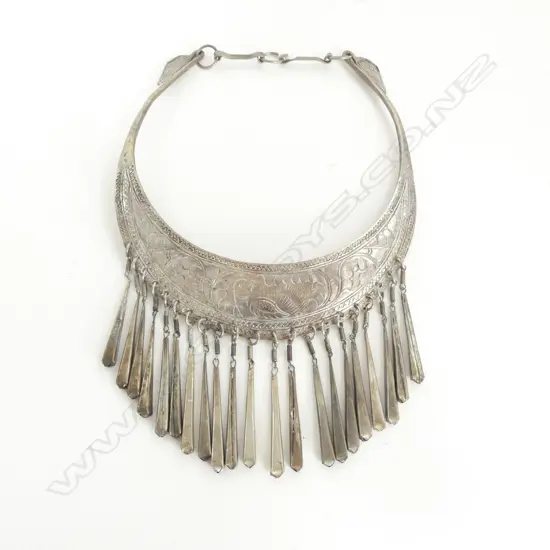 WHITE METAL TRIBAL NECKLET with tassel drop maybe low grade silver?