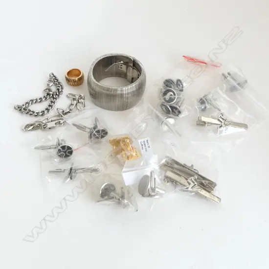 ASST. STAINLESS STEEL JEWELLERY; 12 PRS CUFFLINKS, TIE SLIDES BRACELETS & RING, new old stock