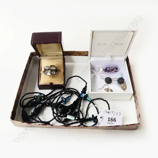 COSTUME JEWELLERY; RING, BEAD NECKLACE, 4 PRS EARRINGS