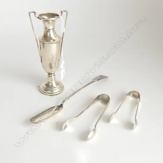 2 PRS SILVER SUGAR TONGS 43gms + SILVER VASE weighted base 98gms + SILVER PLATE MARROW SCOOP