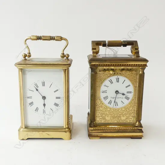 2 OLD BRASS MANTLE CLOCKS ONE TYPICAL PLAIN STYLE OLD WOLRKING H. 150mm & MAPPIN & WEBB WITH GILT 'BLIND' DETAIL SURROUN