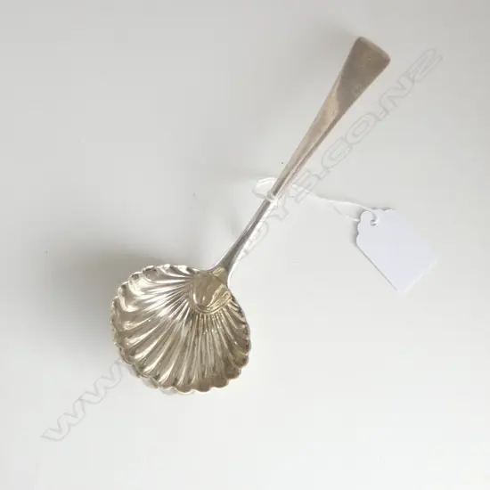 London c1780 CRESTED SILVER SAUCE LADLE with shell bowl 63gms