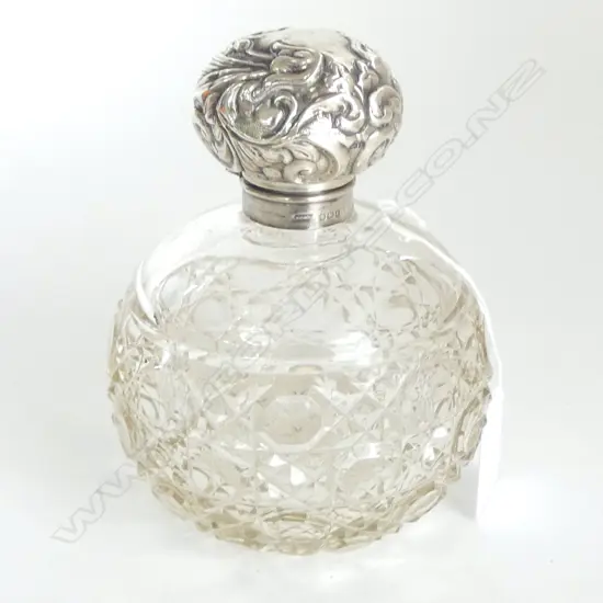 EDWARDIAN EMBOSSED SILVER TOPPED CUT CRYSTAL LGE SCENT Birmingham 1906 by Harold Bushell & Co Ltd H.130mm