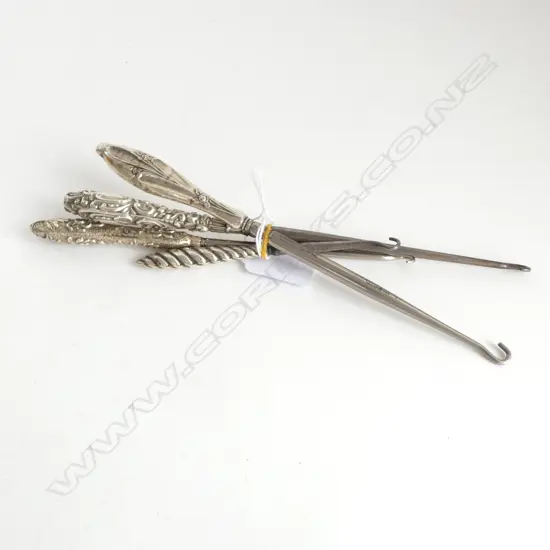 4 EDWARDIAN EMBOSSED SILVER HANDLED BOOT LACE HOOKS