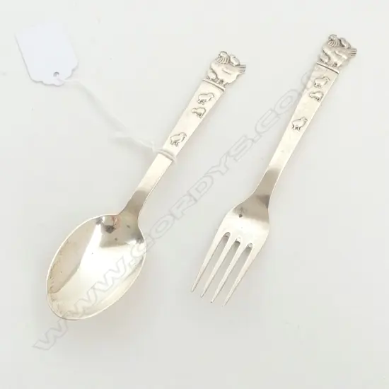 NORDIC SILVER CHRISTENING SET, child's spoon & fork topped w chickens, 48gm