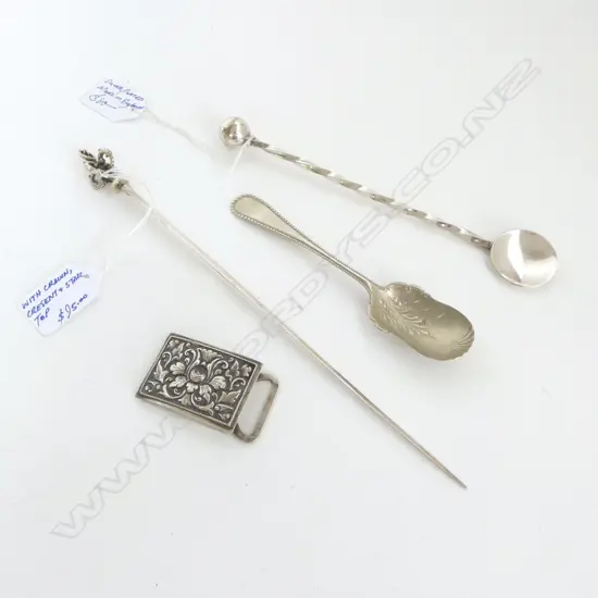 c.1900 TURKISH .800 SILVER MEAT SKEWER + SILVER BELT BUCKLE 53gms + 2 silver plate SPOONS