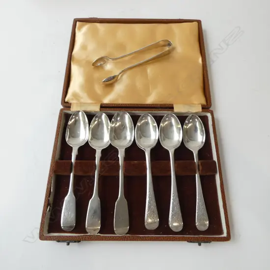 9 PCES SILVER, 8 TEASPOONS (5+3) + TONGS 211grms