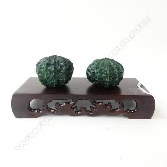 PR HAND CARVED JADE 'WALNUTS' ON STAND W.180mm