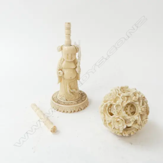 OLD CHINESE CARVED IVORY PUZZLE BALL on figure carved stand Some faults. Stand needs gluing etc. H.210mm No cup support