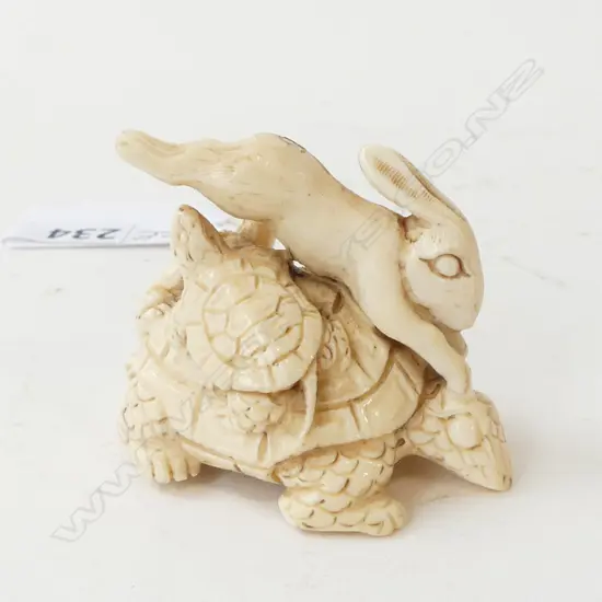 IVORY NETSUKE TURTLES & HARE, SIGNED to BASE
