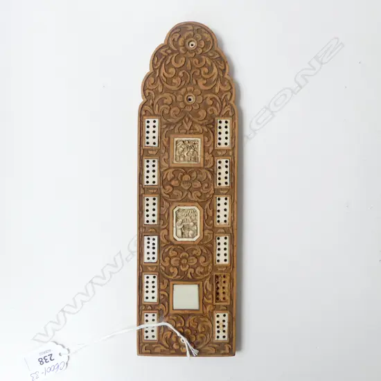 CHINESE CARVED WOOD CRIBBAGE BOARD with carved bone inserts 1 missing L.245mm