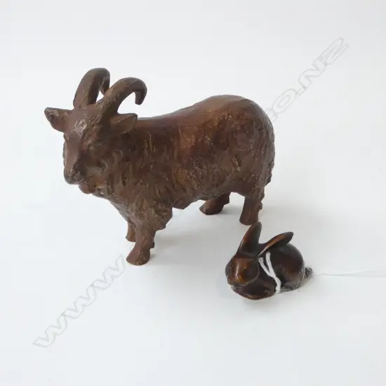 2 METAL ANIMALS; BRONZE BUNNY RABBIT L.50mm & HORNED GOAT H.95mm