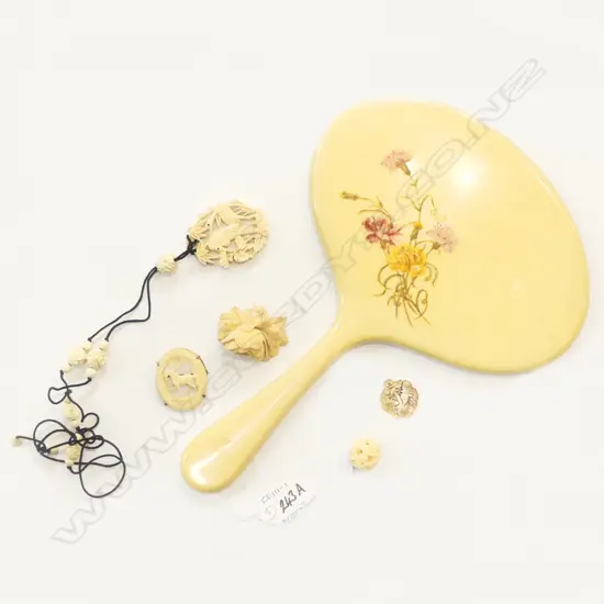 IVORINE 'BONE' HAND PAINTED VANITY MIRROR L.290mm, ASST. BONE CARVED JEWELLERY Incl. PUZZLE BALL