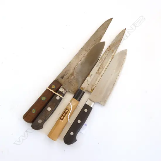 4 VINTAGE JAPANESE QUALITY STEEL CHEFS KNIFES all with signed blades longest 395mm
