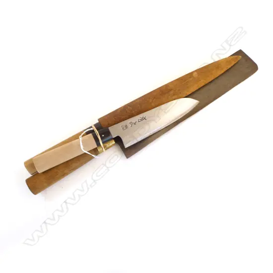 3 VINTAGE JAPANESE QUALITY STEEL CHEFS KNIFES all with signed blades longest 515mm