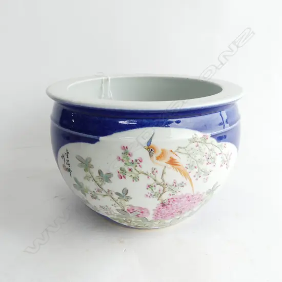 Chinese Sprinkled Blue (sa lan) Glaze Flower-and-Bird-Pattern Small Desk Pot (Qing Dynasty Technique) H.132mm. Dia.190mm
