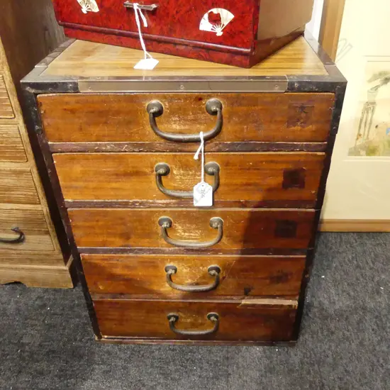 VINTAGE JAPANESE PALE WOOD 5 DRAWER SMALL TANSU COLLECTOR'S CABINET W.505mm