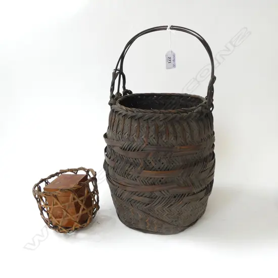 VINTAGE JAPANESE ARTIST MADE CANE BASKET H.415mm + OTHER SMALL BASKET