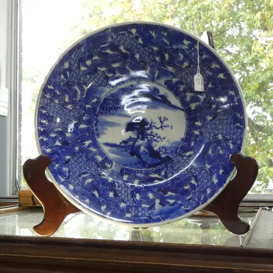VINTAGE JAPANESE LGE BLUE & WHITE CHARGER landscape scenes Dia.410mm