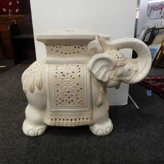 VINTAGE WHITE GLAZED ELEPHANT ORIENTAL STOOL trunk raised H.440mm