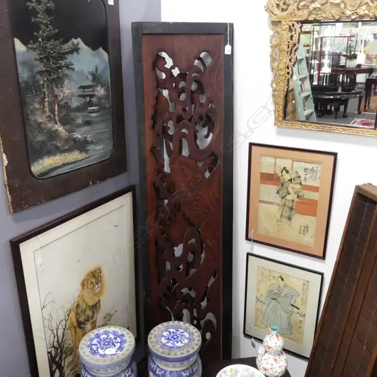 VINTAGE JAPANESE 2 long PIERCED PANELS fish & swirling/crashing wave decoration. L.1760mm