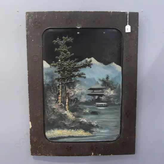 JAPANESE WOOD PANEL ANTQUE ARTWORK RIVER & MOUNTAINS H760 W570MM