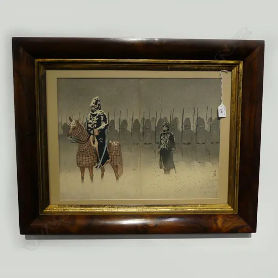 KOBAYASHI KIYOCHIKA 'THE JAPANESE ARMY HAS LANDED AT WEHAIWEI AND IS MARCHING ONWARD' WOODBLOCK PRINT, 1895 350x465mm