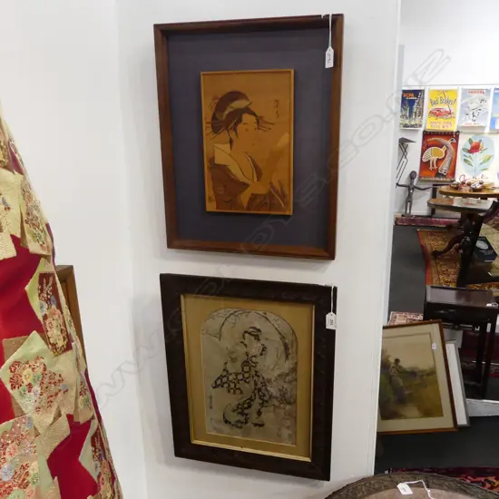 2 FRAMED JAPANESE PICTURES 1 INLAID WOOD 1 WOODBLOCK H290 L190MM