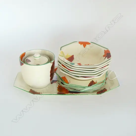 AUTUMN LEAF PAT C/CLIFF CHINA 7PC SANDWICH SET 6 DESSERT BOWLS HONEY POT & CUP
