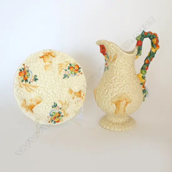 LARGE CLARICE CLIFF 'CELTIC HARVEST' pattern TALL JUG H.290mm & MATCHING PLATE CHIP