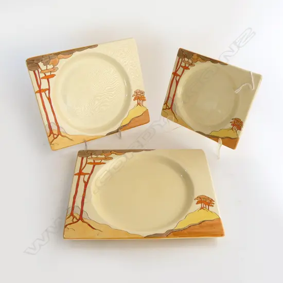 CLARICE CLIFF BIZARRE SET OF 3  RECTANGLE PLATES 'THE BIARRITZ' 'Coral Firs' pattern c.1932. Longest 260mm