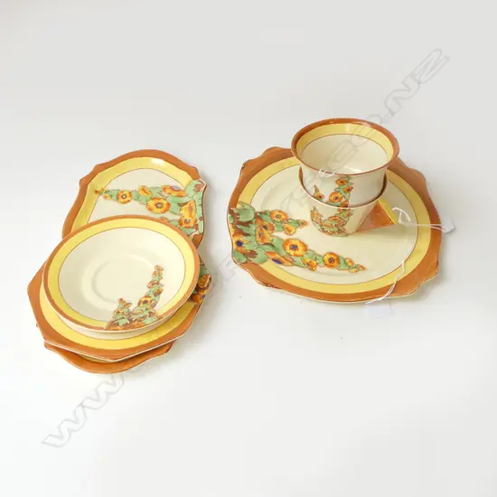 CLARICE CLIFF BIZZARE 'SUNSHINE': conical CSP + 2 SERVING DISHES & SUGAR BOWL