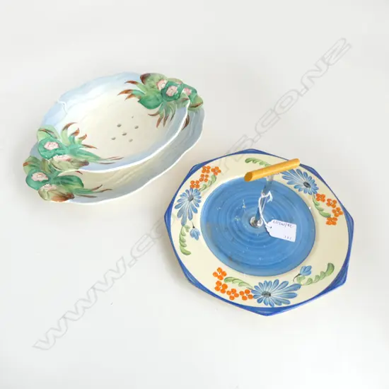 3 CLARICE CLIFF PCES: SALAD STRAINER on matching DISH L.290mm & SANDWICH PLATE