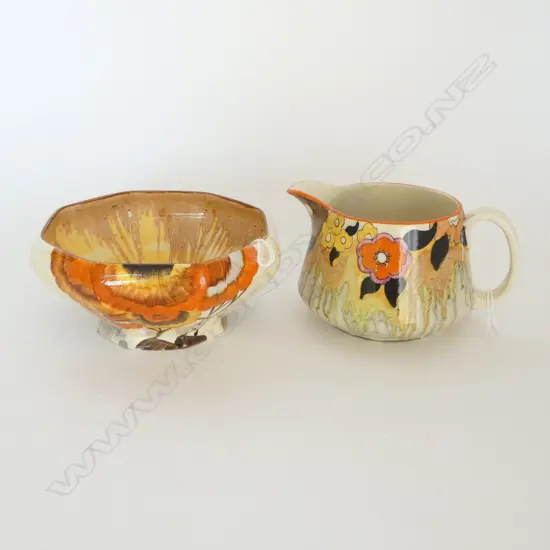 CLARICE CLIFF BIZARRE octagonal 'RODANTHE' BOWL Dia.140mm & Lynton milk JUG