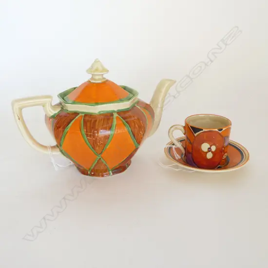 CLARICE CLIFF ORIGINAL BIZARRE TEAPOT small lid repairs H130MM & COFFEE CAN & SAUCER Sliced fruit