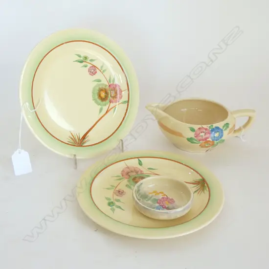 2 CLARICE CLIFF PLATES Dia.190mm JUG & DISH FLORAL 'HONEYDEW' PAT