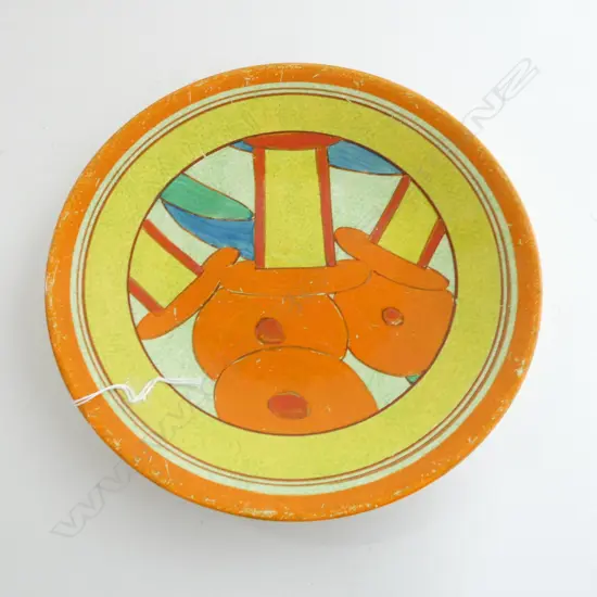 CLARICE CLIFF BRIGHT PAINTED FLORAL PLATE DIA.228mm 'Bobbins' Cafe-Au-Lait tiny chip to back