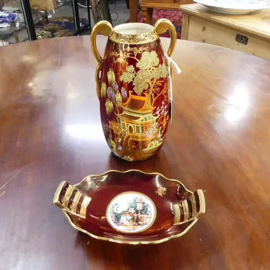 CALTONWARE ROUGE ROYALE VASE MIKADO PATTERN DECO STYLE H.210mm & SMALL DISH WITH SERPENTINE RIM & VIGNETTE IN THE MANNER